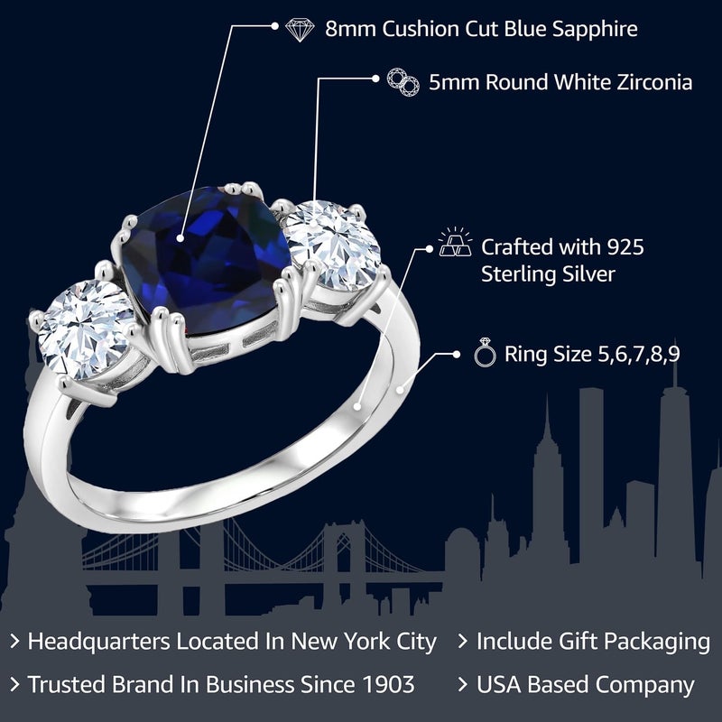 Gem Stone King 4.00 Ct Blue Simulated Sapphire Engagement Ring For Women | 925 Sterling Silver | Gemstone Birthstone | Cushion 8MM and Round 5MM | 3 Stone Wedding Anniversary Promise Ring (Size 8) - Image 3